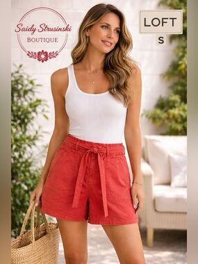 LOFT Coral Paperbag Waist Shorts Size L Belted Casual trendy Summer